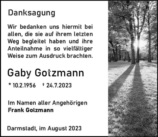 Traueranzeige von Gaby Gotzmann von Darmstädter Echo