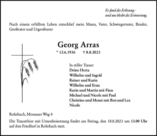Traueranzeige von Georg Arras von Odenwälder Echo