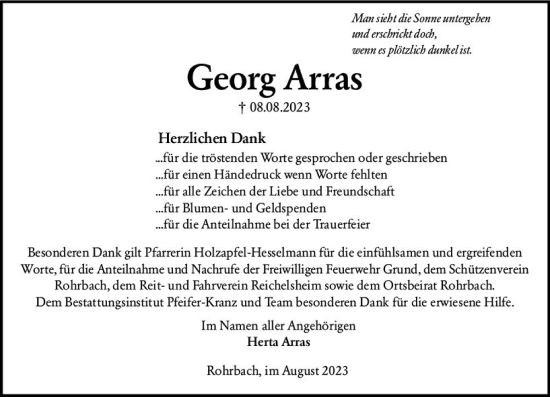 Traueranzeige von Georg Arras von Odenwälder Echo