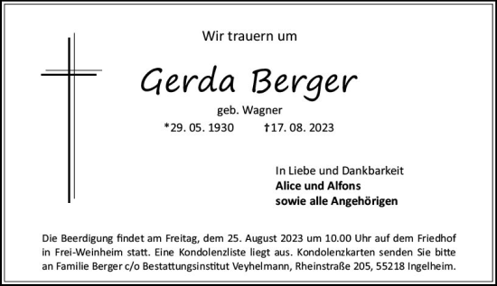 Traueranzeige von Gerda Berger von Allgemeine Zeitung Bingen/Ingelheim