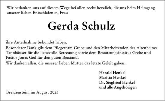 Traueranzeige von Gerda Schulz von Hinterländer Anzeiger