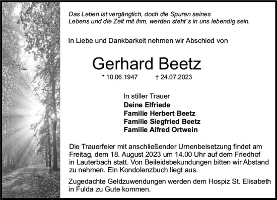 Traueranzeige von Gerhard Beetz von VRM Trauer