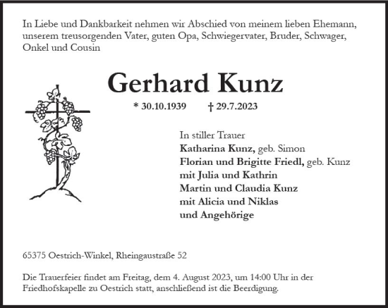Traueranzeige von Gerhard Kunz von Rheingau Kurier