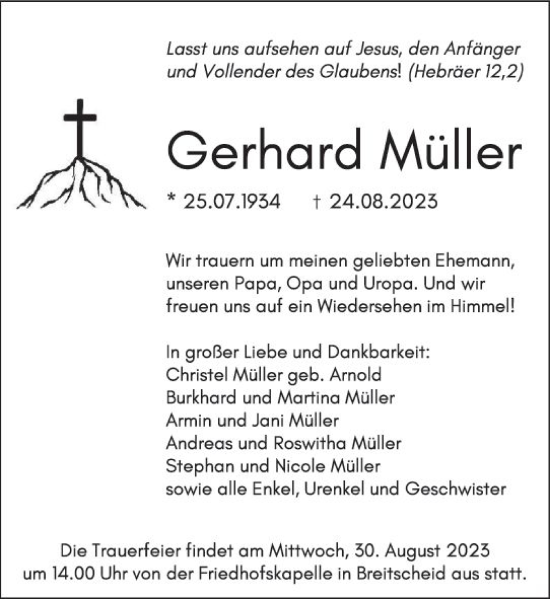 Traueranzeige von Gerhard Müller von Dill Block
