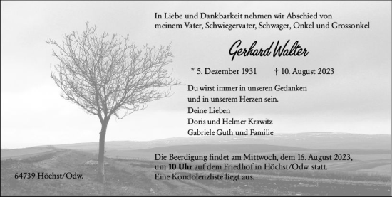 Traueranzeige von Gerhard Walter von Odenwälder Echo