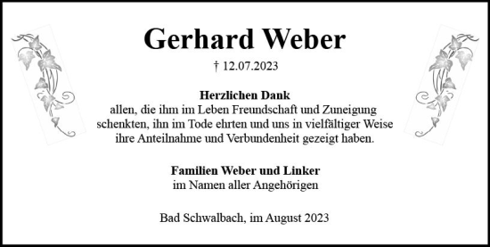 Traueranzeige von Gerhard Weber von Wiesbadener Kurier