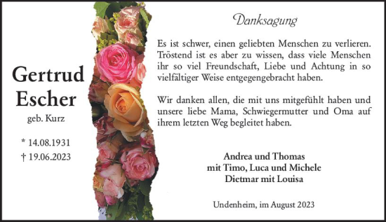 Traueranzeige von Gertrud Escher von Allgemeine Zeitung Mainz