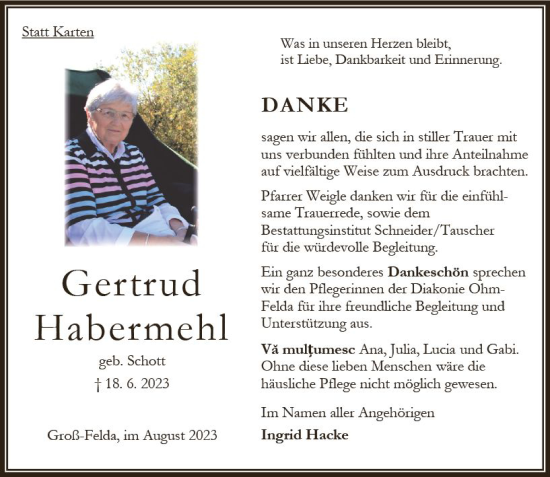 Traueranzeige von Gertrud Habermehl von Oberhessen Kurier