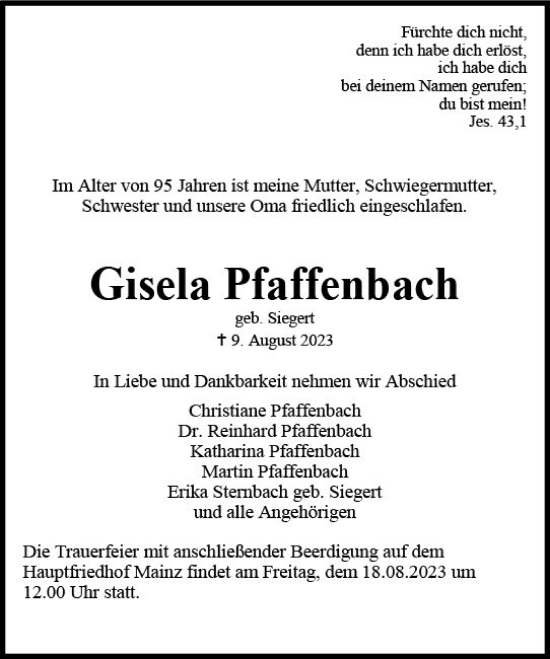 Traueranzeige von Gisela Pfaffenbach von Allgemeine Zeitung Mainz