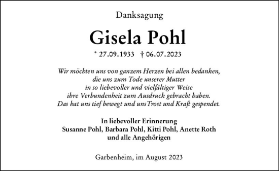 Traueranzeige von Gisela Pohl von Wetzlarer Neue Zeitung