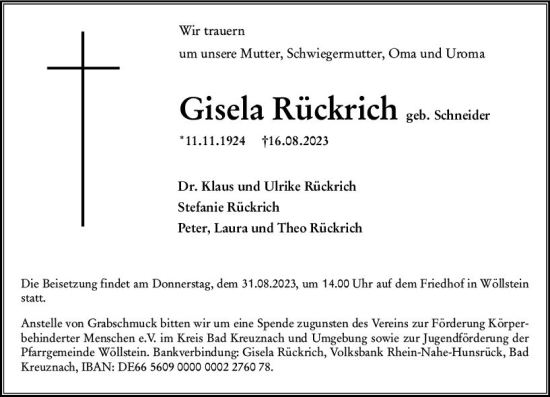 Traueranzeige von Gisela Rückrich von Allgemeine Zeitung Alzey