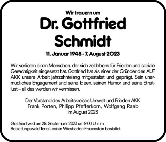 Traueranzeige von Gottfried Schmidt von Allgemeine Zeitung Mainz