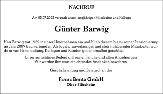 Traueranzeige von Günter Barwig von Allgemeine Zeitung Alzey