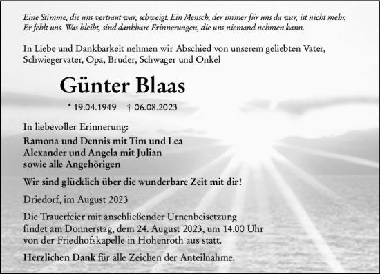 Traueranzeige von Günter Blaas von Dill Block