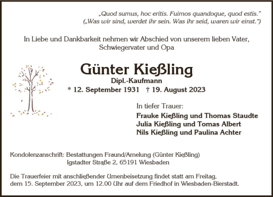 Traueranzeige von Günter Kießling von Wiesbadener Kurier