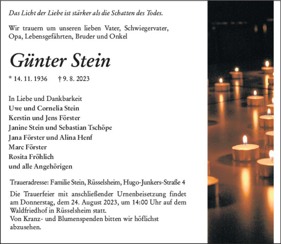 Traueranzeige von Günter Stein von Rüsselsheimer Echo