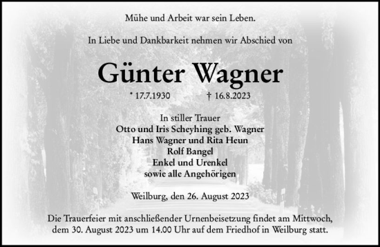 Traueranzeige von Günter Wagner von Weilburger Tageblatt