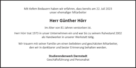 Traueranzeige von Günther Hörr von Darmstädter Echo