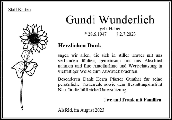 Traueranzeige von Gundi Wunderlich von Oberhessen Kurier