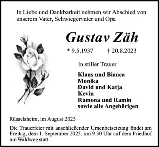 Traueranzeige von Gustav Zäh von Rüsselsheimer Echo