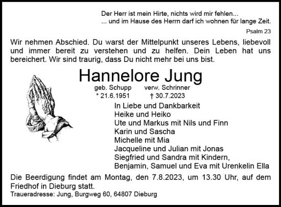 Traueranzeige von Hannelore Jung von Dieburger Anzeiger/Groß-Zimmerner Lokal-Anzeiger