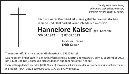 Traueranzeige von Hannelore Kaiser von Idsteiner Land/Untertaunus