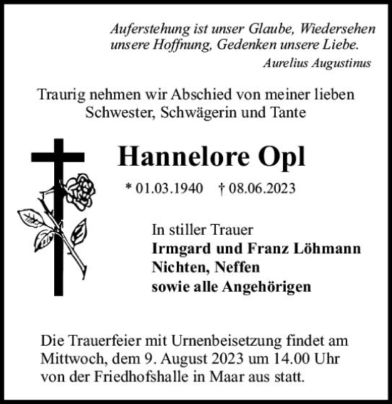 Traueranzeige von Hannelore Opl von VRM Trauer