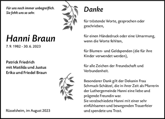 Traueranzeige von Hanni Braun von Rüsselsheimer Echo