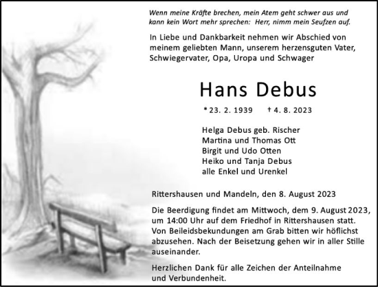 Traueranzeige von Hans Debus von Dill Block
