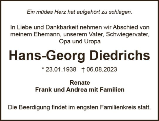 Traueranzeige von Hans-Georg Diedrichs von Idsteiner Land/Untertaunus