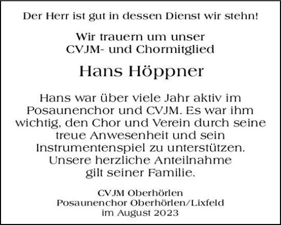 Traueranzeige von Hans Höppner von Hinterländer Anzeiger