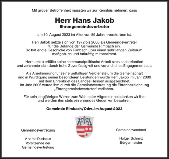 Traueranzeige von Hans Jakob von Starkenburger Echo