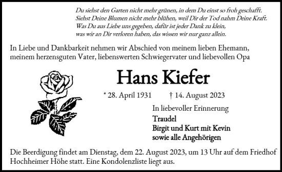 Traueranzeige von Hans Kiefer von Wormser Zeitung