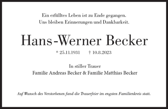 Traueranzeige von Hans-Werner  Becker von Wetzlarer Neue Zeitung