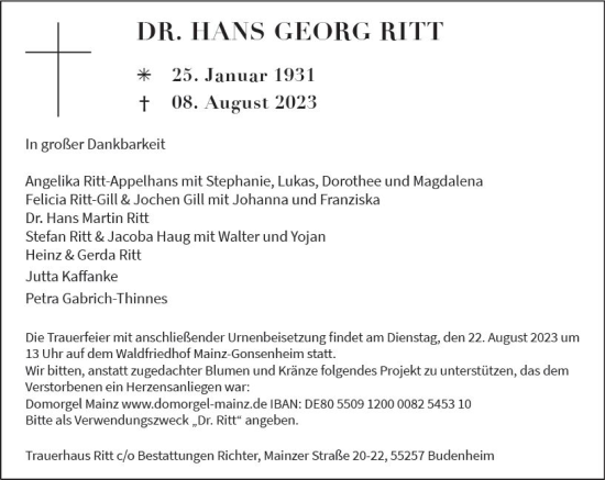 Traueranzeige von Hans Georg Ritt von Allgemeine Zeitung Mainz