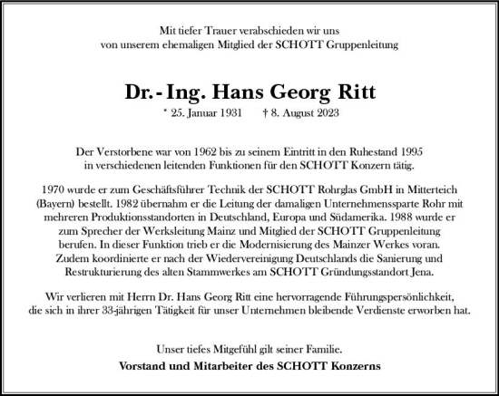 Traueranzeige von Hans Georg Ritt von Allgemeine Zeitung Mainz