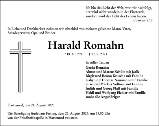 Traueranzeige von Harald Romahn von Hinterländer Anzeiger