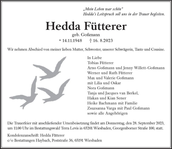 Traueranzeige von Hedda Fütterer von Wiesbadener Kurier