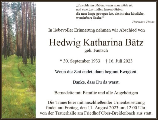 Traueranzeige von Hedwig Katharina Bätz von VRM Trauer