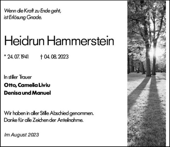 Traueranzeige von Heidrun Hammerstein von Weilburger Tageblatt