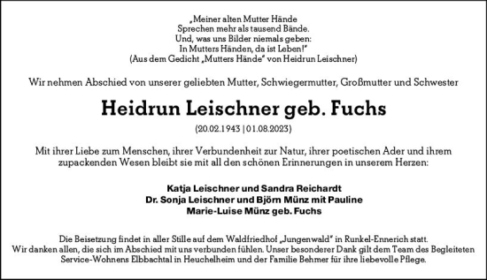 Traueranzeige von Heidrun Leischner von Nassauische Neue Presse