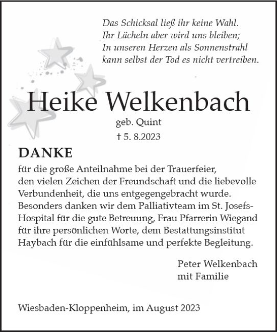 Traueranzeige von Heike Welkenbach von Wiesbadener Kurier
