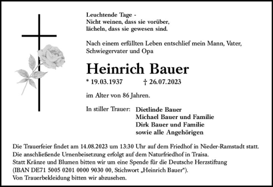 Traueranzeige von Heinrich Bauer von Darmstädter Echo
