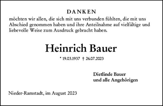 Traueranzeige von Heinrich Bauer von Darmstädter Echo