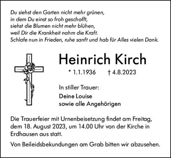 Traueranzeige von Heinrich Kirch von Hinterländer Anzeiger