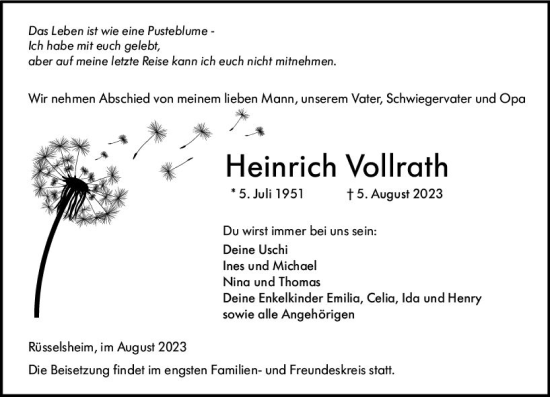 Traueranzeige von Heinrich Vollrath von Rüsselsheimer Echo