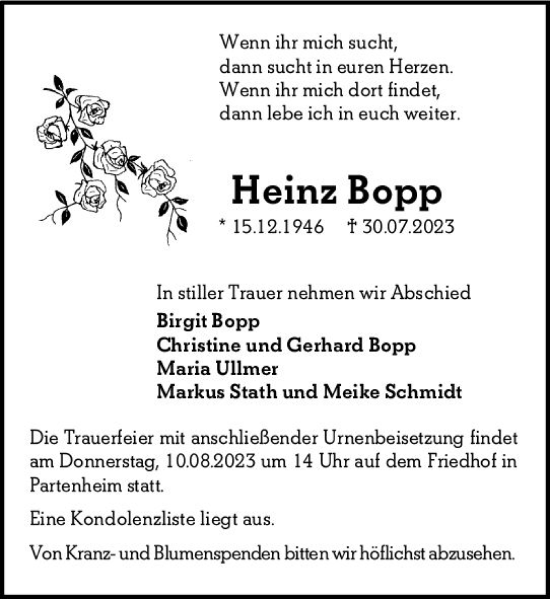 Traueranzeige von Heinz Bopp von Allgemeine Zeitung Mainz