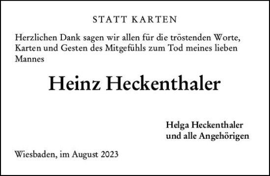 Traueranzeige von Heinz Heckenthaler von Wiesbadener Kurier