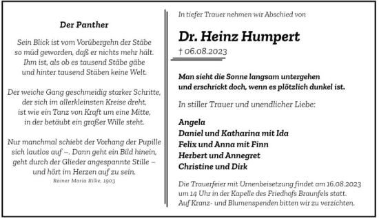 Traueranzeige von Heinz Humpert von Wetzlarer Neue Zeitung