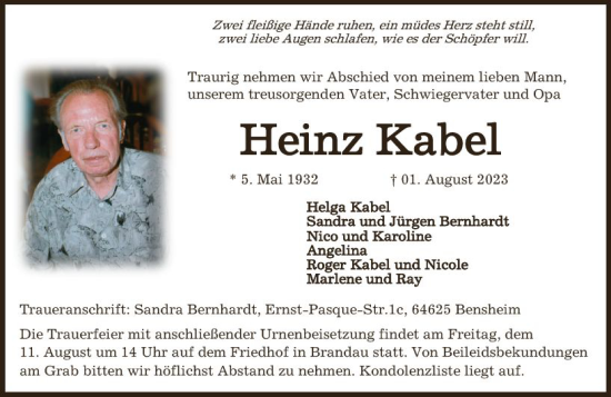 Traueranzeige von Heinz Kabel von Darmstädter Echo